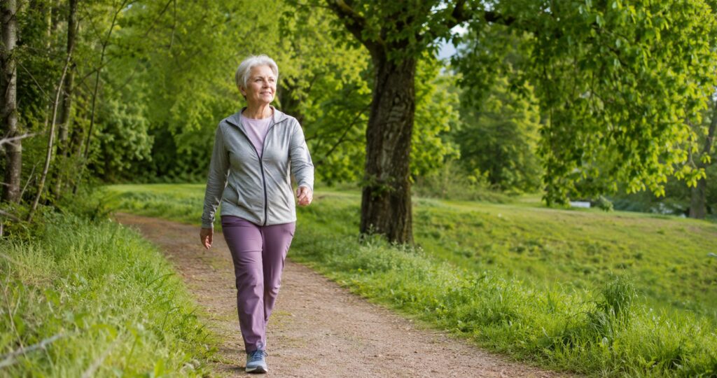 Ältere Frau beim Spaziergang in einem grünen Park