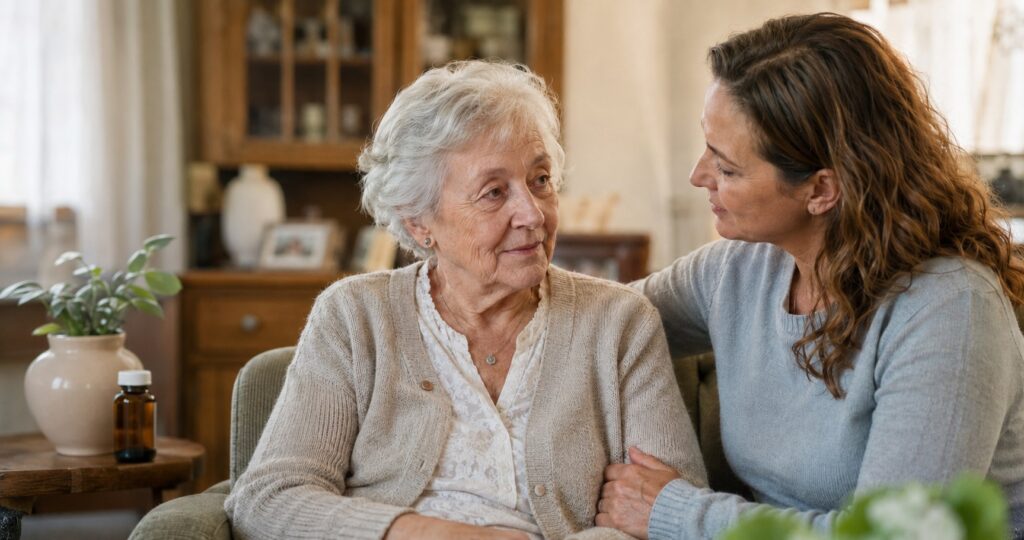 Ältere Frau im Gespräch mit einer Angehörigen