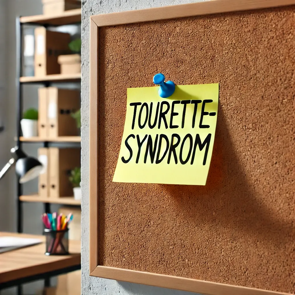 Hinweis mit der Aufschrift Tourette-Syndrom an einer Pinnwand